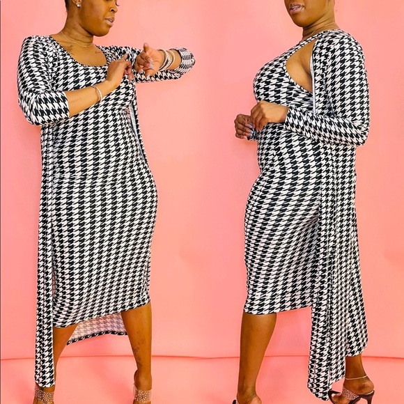 NEW FALL TRENDY HOUNDSTOOTH TWO PIECE TANK TOP MIDI DRESS LONG CARDIGAN SET - Picture 2 of 9